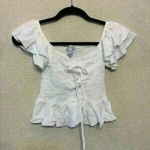 White Revamped top sz M cropped smocked puff sleeve tie front pirate Halloween